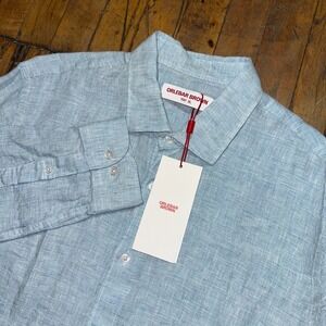 Orlebar Brown Shirt Mens XL Blue Giles Linen Classic Fit Long Sleeve Button Down